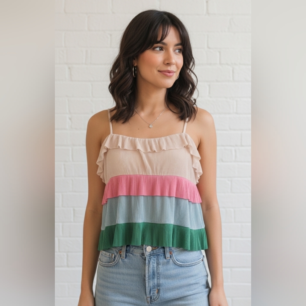 Hey Day Boutique Ruffle Colorful Flirty‎ Womens Crop Top Size M Nwot